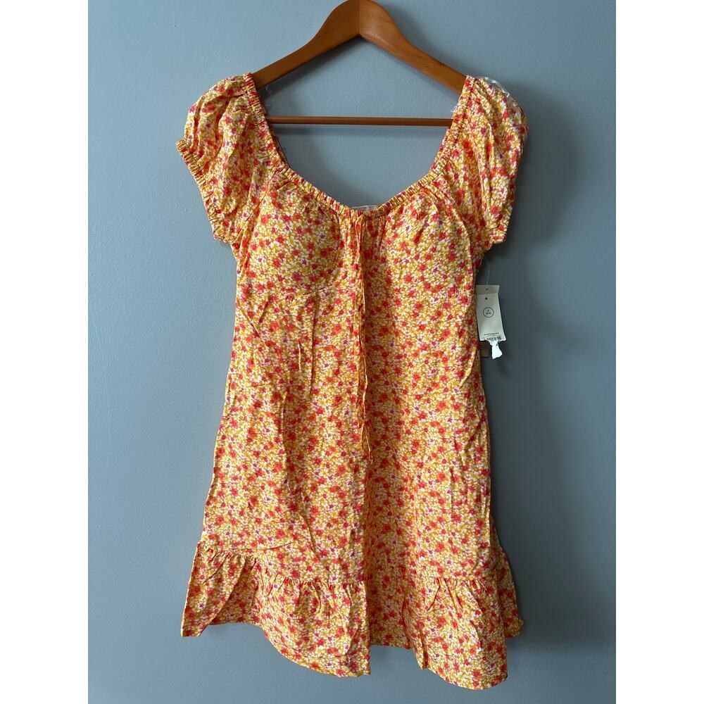 Floral Cottagecore Mini Dress Puff Sleeve Ruffle Hem Yellow Orange NWT Size S